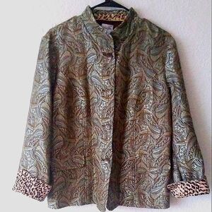 Chicos Brocade jacket retro mod lined cheetah trim buttons collar women's 2/ lar